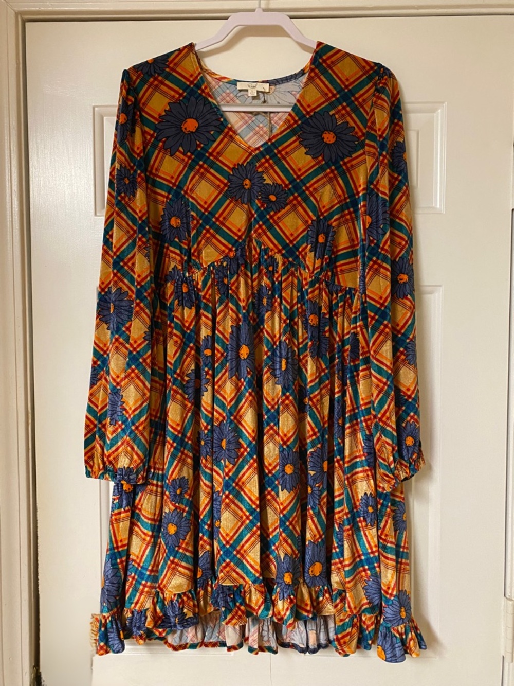Easel Boho Floral Plaid Long-Sleeve Swing Dress in Mustard & Teal